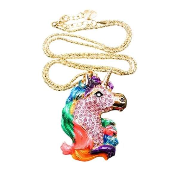 Betsey Johnson Necklace Pink Crystal Unicorn Pendant Gold Tone - Picture 1 of 2